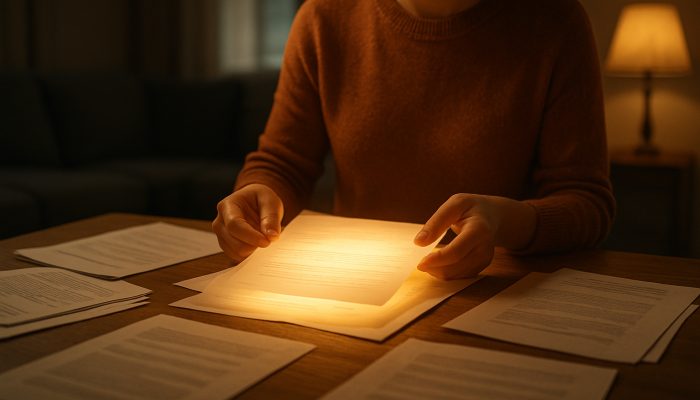 Renter consolidating scattered debt papers into one glowing document on wooden table in cosy apartment