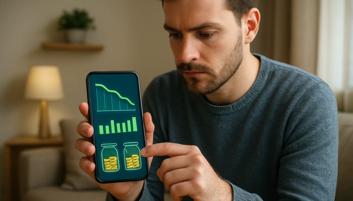 UK renter tracking debts, rent and savings on glowing budgeting app in cosy flat