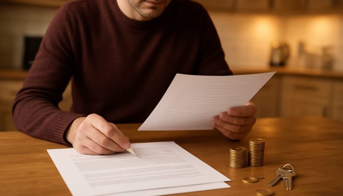 Cost Comparisons Between Remortgage and Loan: UK Guide | DCL British homeowner comparing remortgage fees and personal loan papers on kitchen table with keys and coins