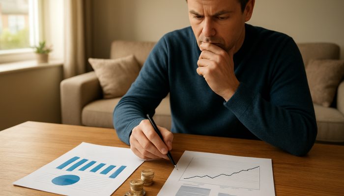 Homeowner analysing UK remortgage and loan costs with keys, coins, and charts on table