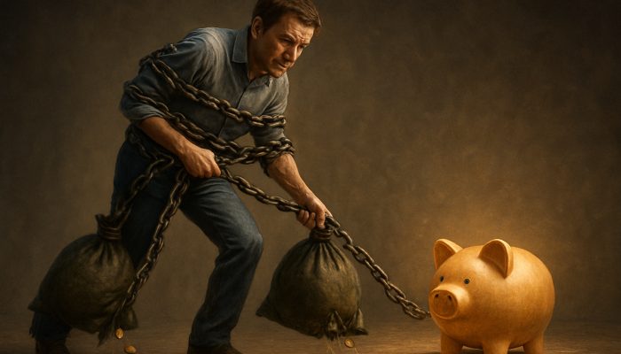 Concerned homeowner burdened by early repayment charges drags leaking money bags from glowing savings pot.